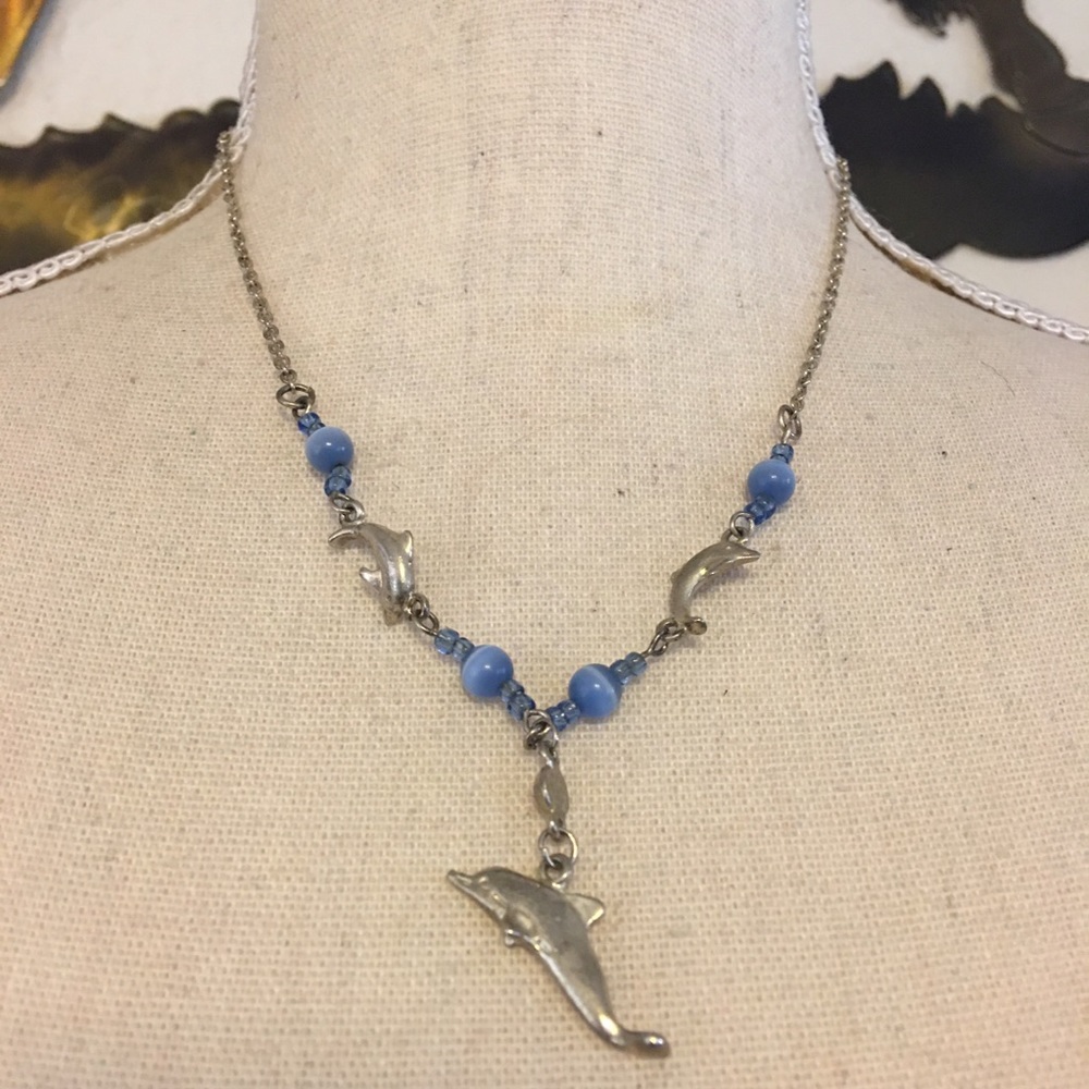 JAY silver tone dolphin blue glass bead necklace - Picture 1 of 7